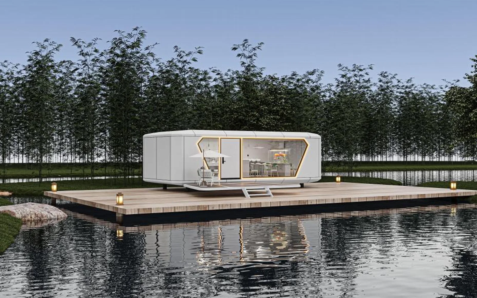Prefabricated cabin placed on a waterfront site with clear surrounding access