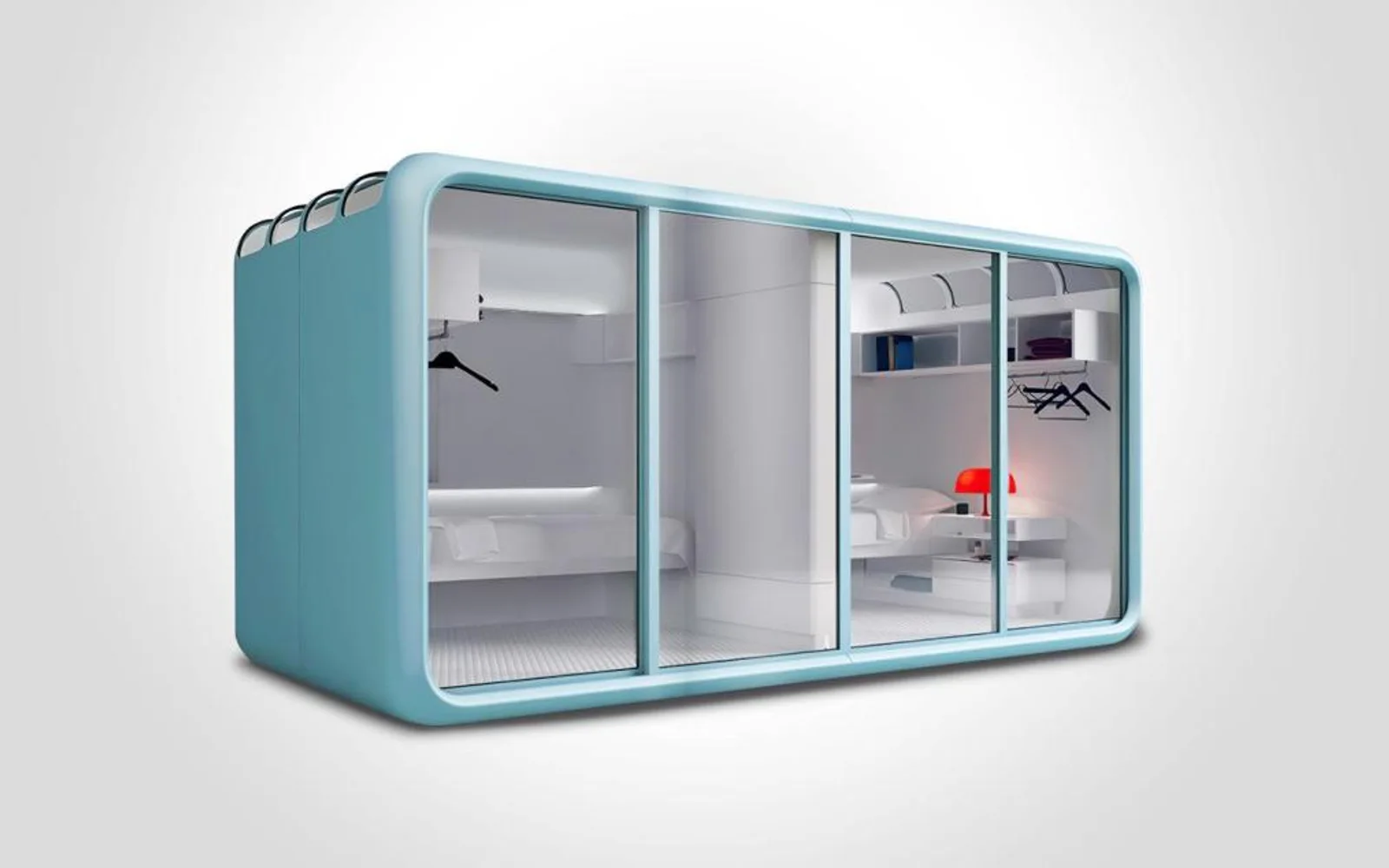 Cutaway cabin view showing sleeping, storage, and service zones