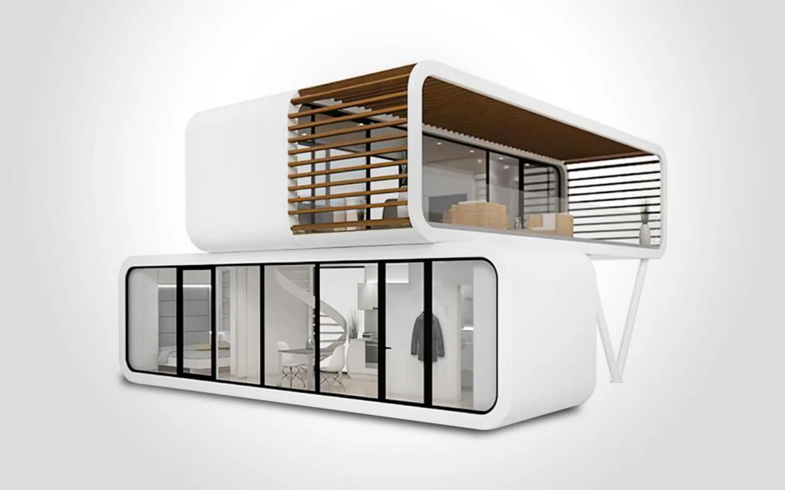 Two-level prefabricated cabin composition showing modular construction
