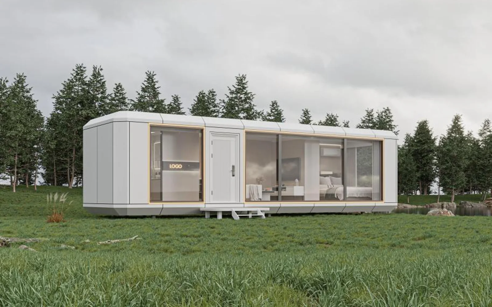 Long prefabricated cabin positioned on a level natural site