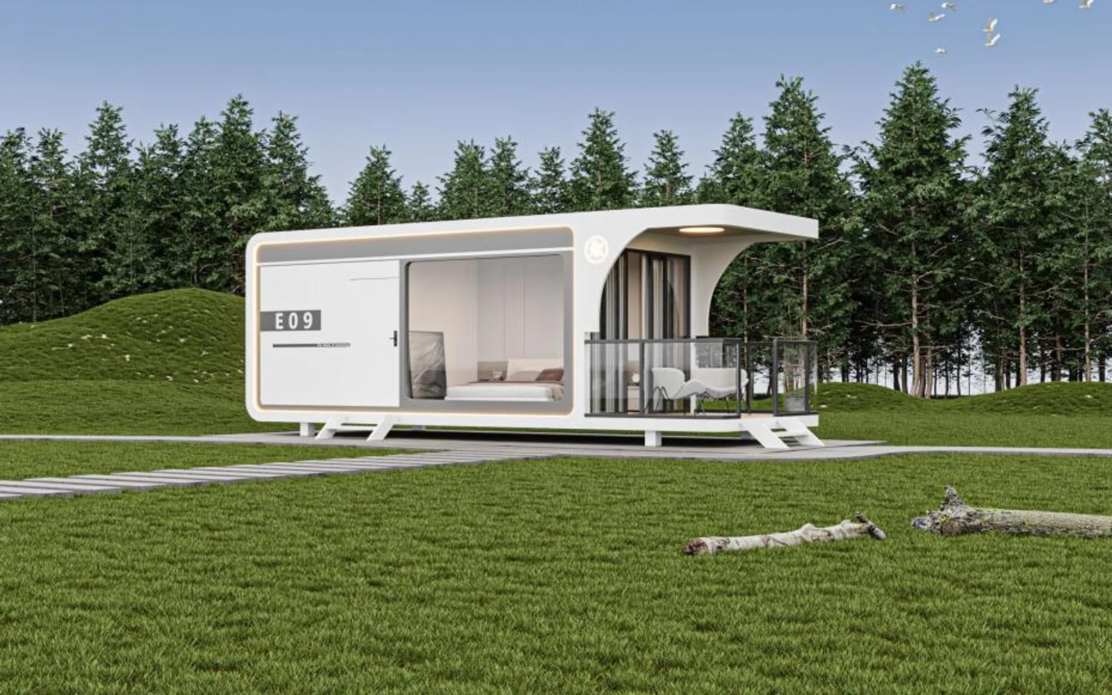 Curved-roof cabin placed in an open meadow