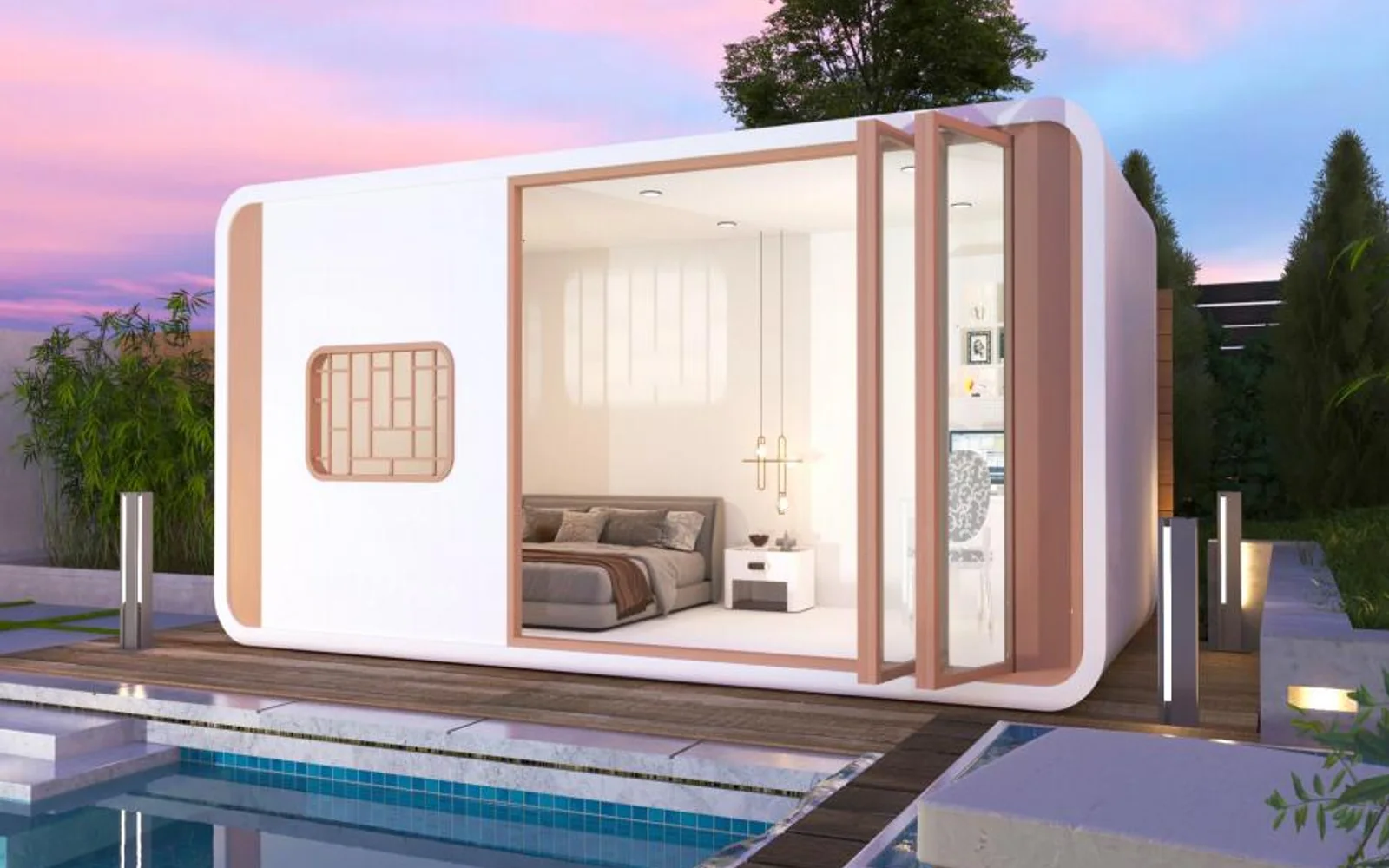 Small guest cabin arranged beside a pool