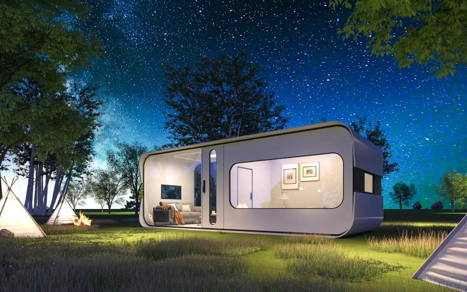 Podcabin glowing in a wooded campsite at night